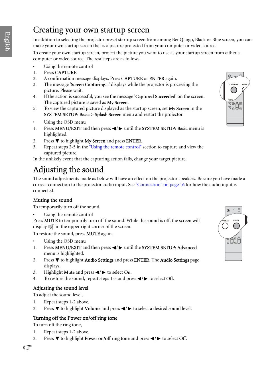 Creating your own startup screen, Adjusting the sound, Creating your own startup | Turning off the power on/off ring, Eng lish | BenQ SP920 User Manual | Page 38 / 56