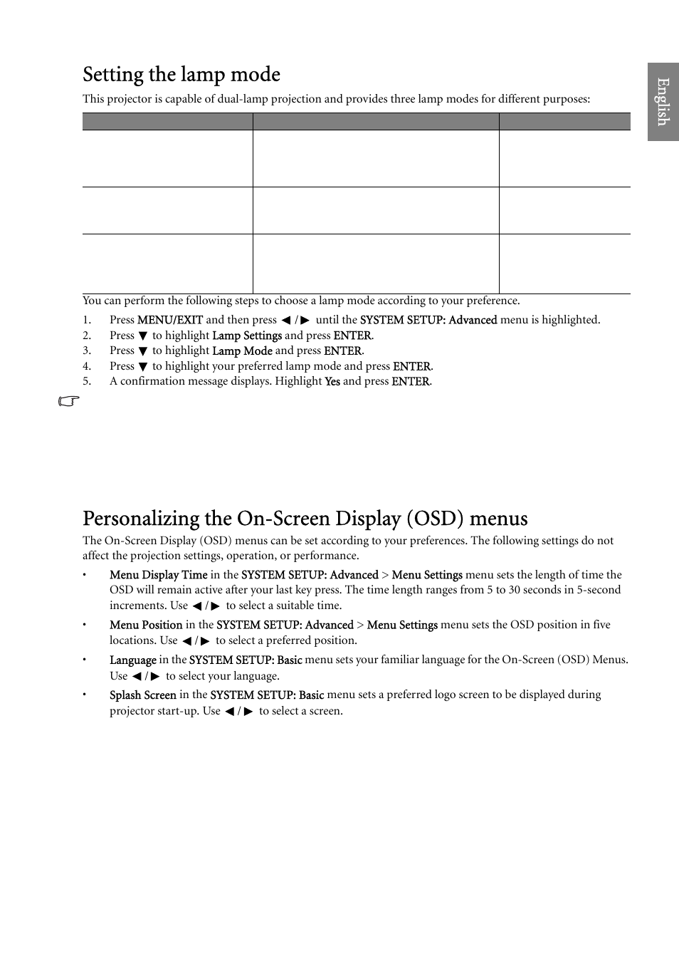 Setting the lamp mode, Personalizing the on-screen display (osd) menus, Eng lish | BenQ SP920 User Manual | Page 39 / 56