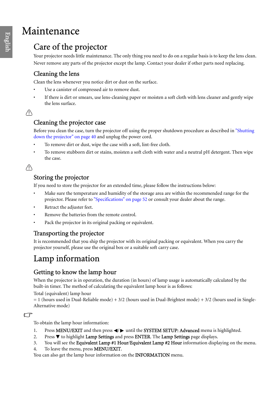 Maintenance, Care of the projector, Lamp information | Care of the projector lamp information, Used. see, Getting to, Eng lish, Cleaning the lens, Cleaning the projector case, Storing the projector | BenQ SP920 User Manual | Page 46 / 56