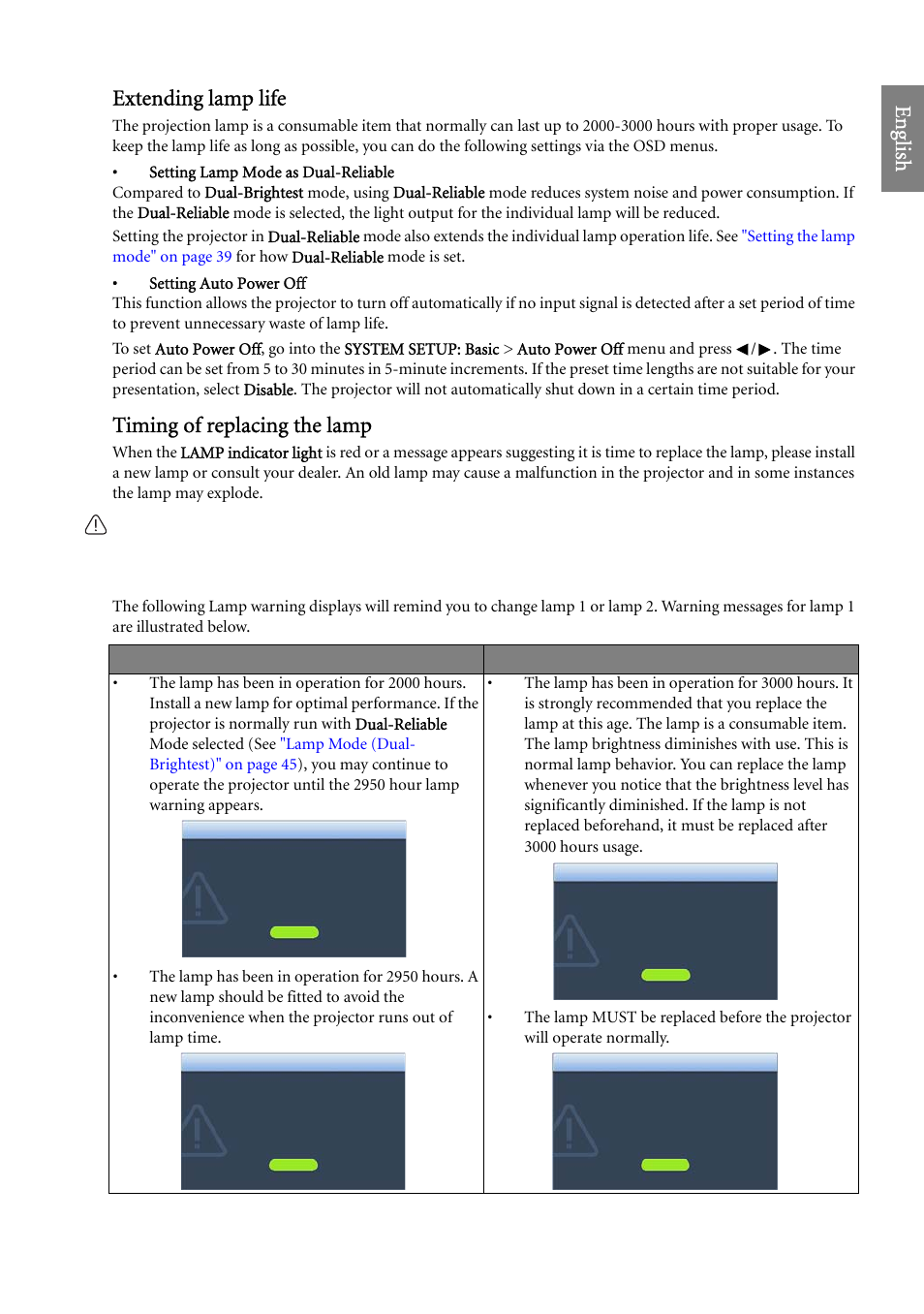 Eng lish extending lamp life, Timing of replacing the lamp | BenQ SP920 User Manual | Page 47 / 56