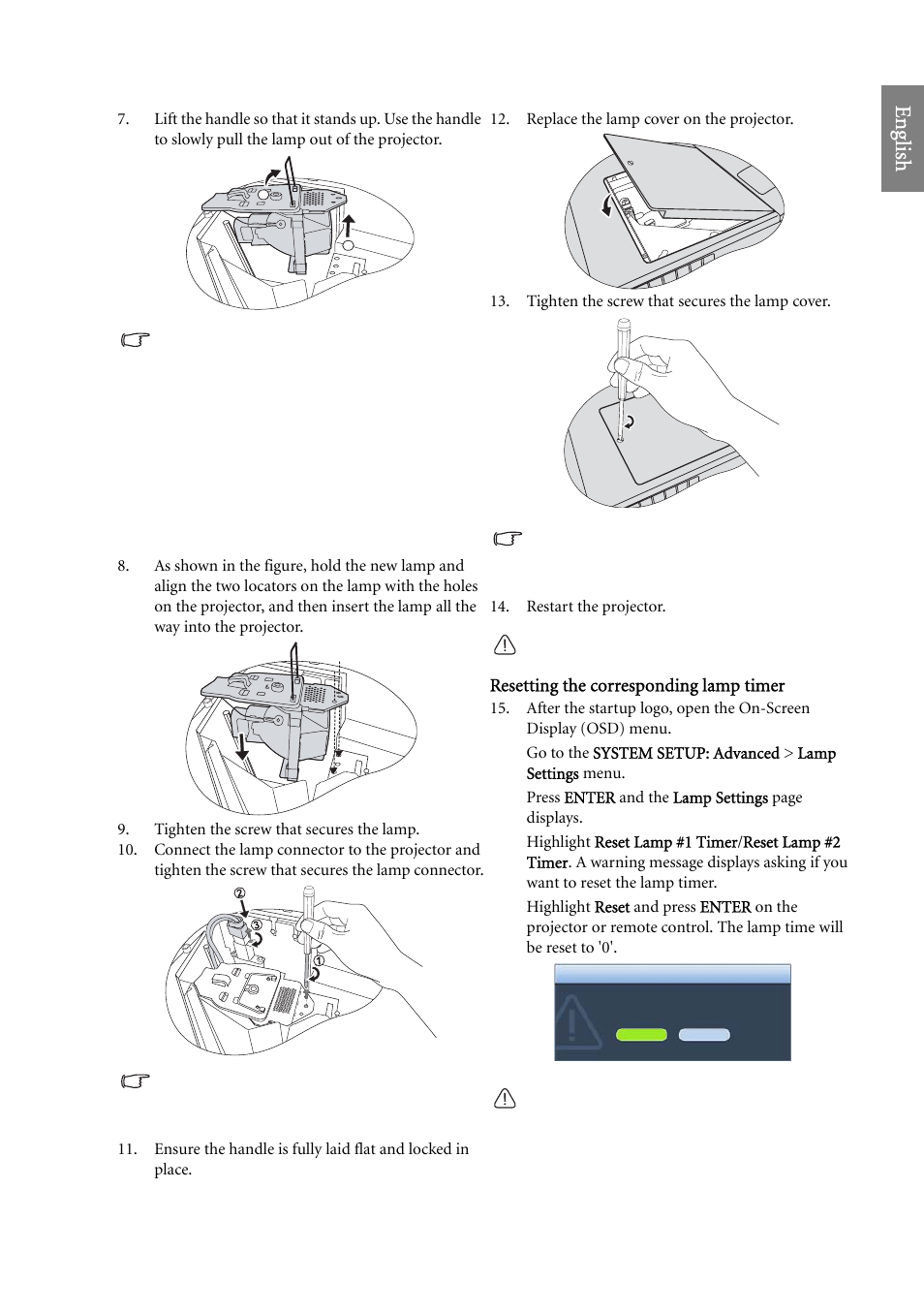 0'. see, Eng lish, Resetting the corresponding lamp timer | BenQ SP920 User Manual | Page 49 / 56