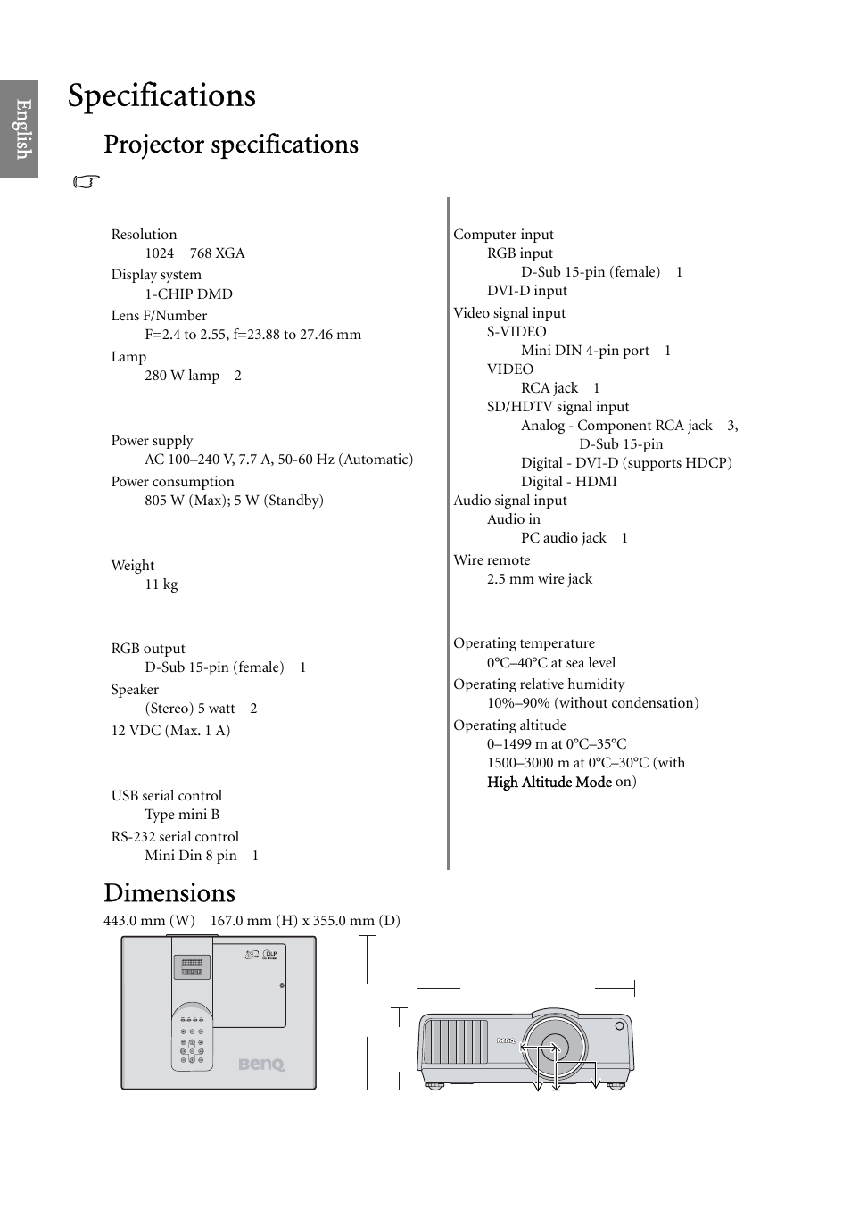 Specifications, Projector specifications, Dimensions | Eng lish | BenQ SP920 User Manual | Page 52 / 56