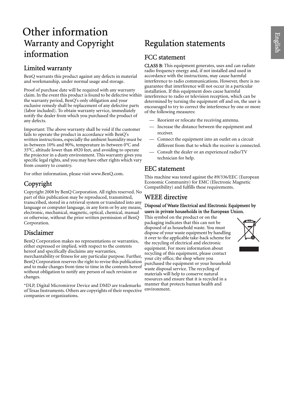 Other information, Warranty and copyright information, Regulation statements | BenQ SP920 User Manual | Page 55 / 56