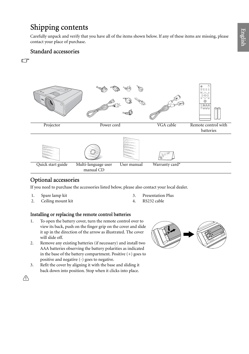 Shipping contents, Eng lish, Standard accessories | Optional accessories | BenQ SP920 User Manual | Page 7 / 56
