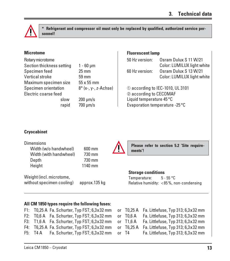 Technical data | Leica Biosystems CM1850 UV User Manual | Page 13 / 54