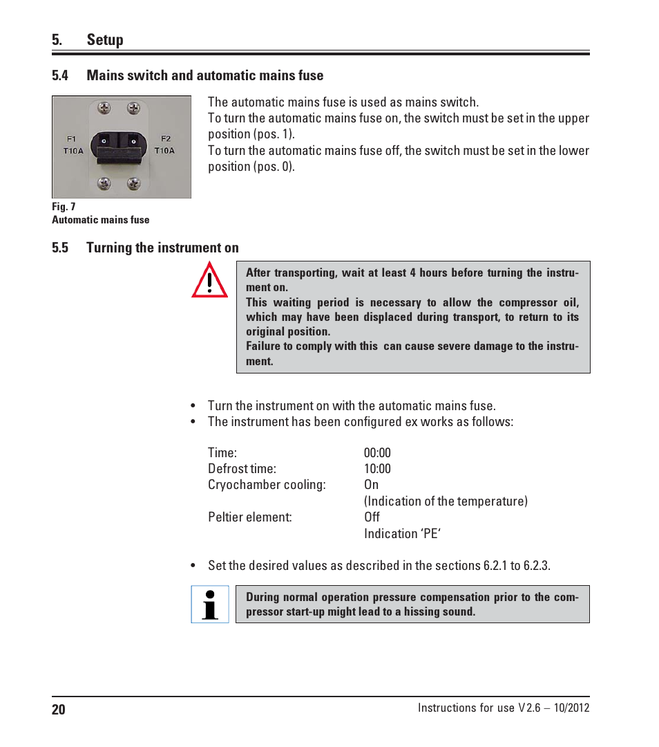 4 mains switch and automatic mains fuse, 5 turning the instrument on, Mains switch and automatic mains fuse | Turning the instrument on, Setup | Leica Biosystems CM1850 UV User Manual | Page 20 / 54