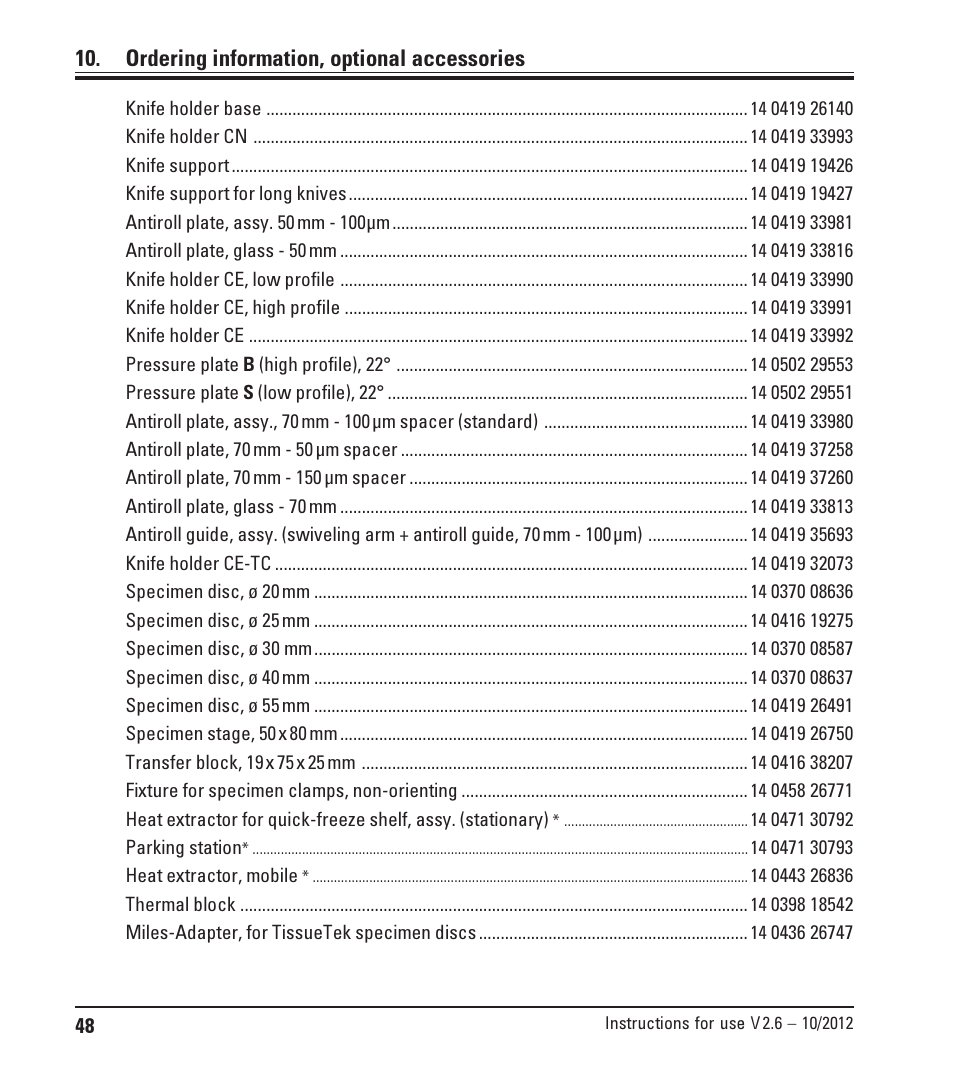 Ordering information, optional accessories | Leica Biosystems CM1850 UV User Manual | Page 48 / 54