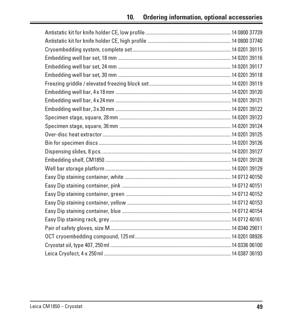 Ordering information, optional accessories | Leica Biosystems CM1850 UV User Manual | Page 49 / 54