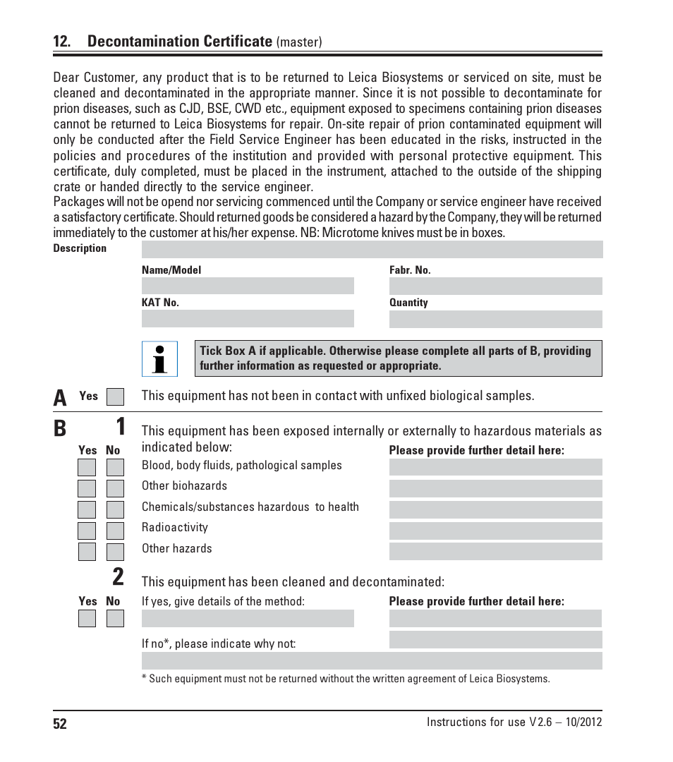 Decontamination certificate | Leica Biosystems CM1850 UV User Manual | Page 52 / 54