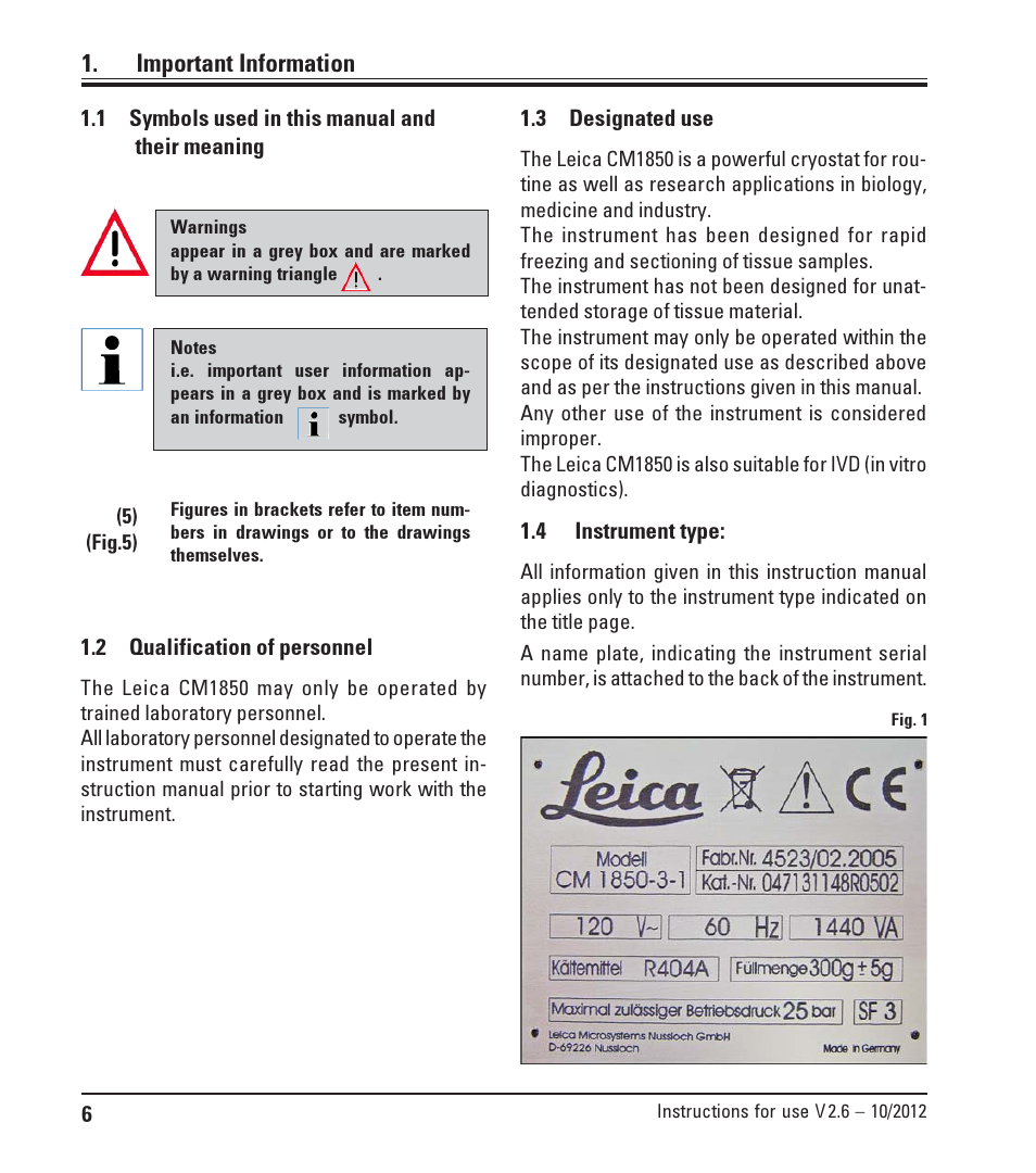 1 symbols used in this manual and their meaning, 2 qualification of personnel, 3 designated use | 4 instrument type, Symbols used in this manual and their meaning, Qualification of personnel, Designated use, Instrument type | Leica Biosystems CM1850 UV User Manual | Page 6 / 54