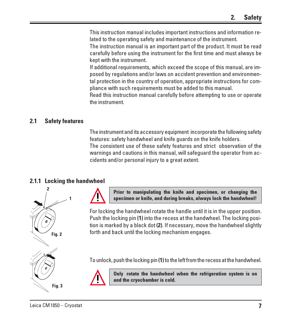 Safety, 1 safety features, 1 locking the handwheel | Safety features, Locking the handwheel | Leica Biosystems CM1850 UV User Manual | Page 7 / 54
