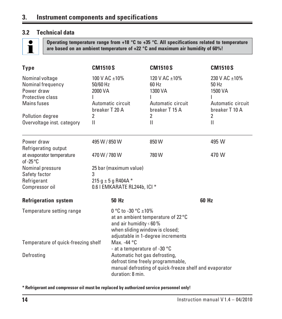 2 technical data, Technical data, Instrument components and specifications | Leica Biosystems CM1510-S User Manual | Page 14 / 56