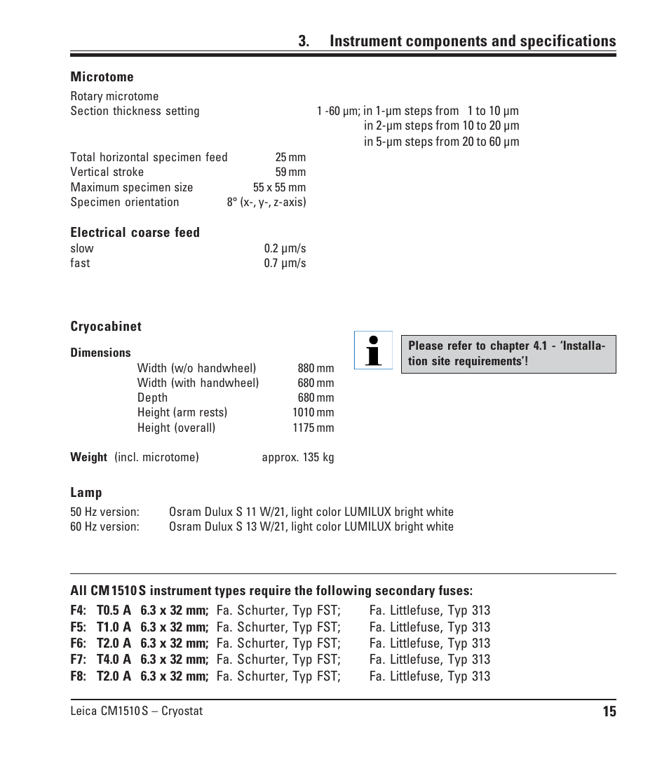 Instrument components and specifications | Leica Biosystems CM1510-S User Manual | Page 15 / 56