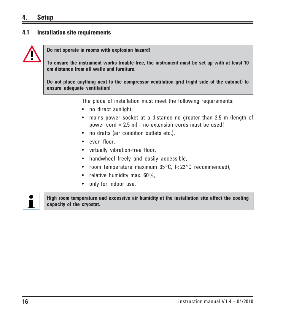 Setup 16, 1 installation site requirements, Installation site requirements | Setup | Leica Biosystems CM1510-S User Manual | Page 16 / 56