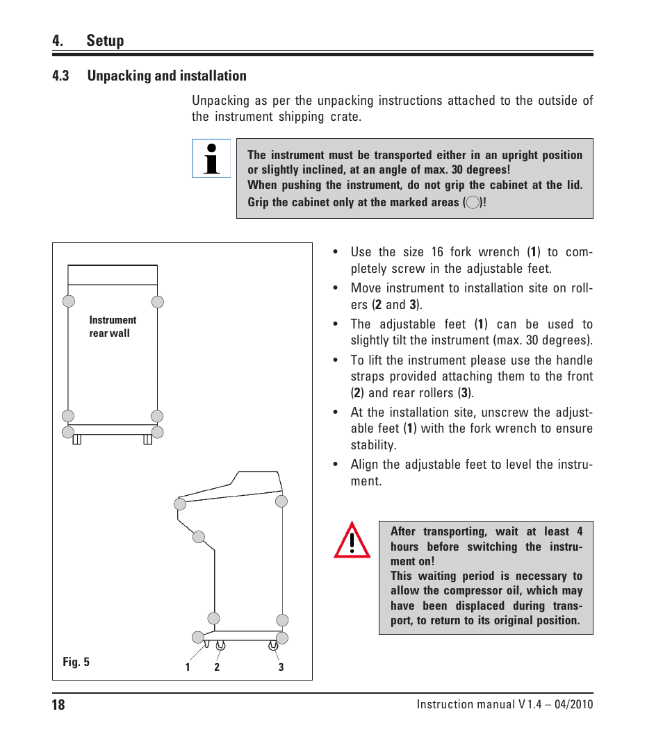 3 unpacking and installation, Unpacking and installation, Setup | Leica Biosystems CM1510-S User Manual | Page 18 / 56