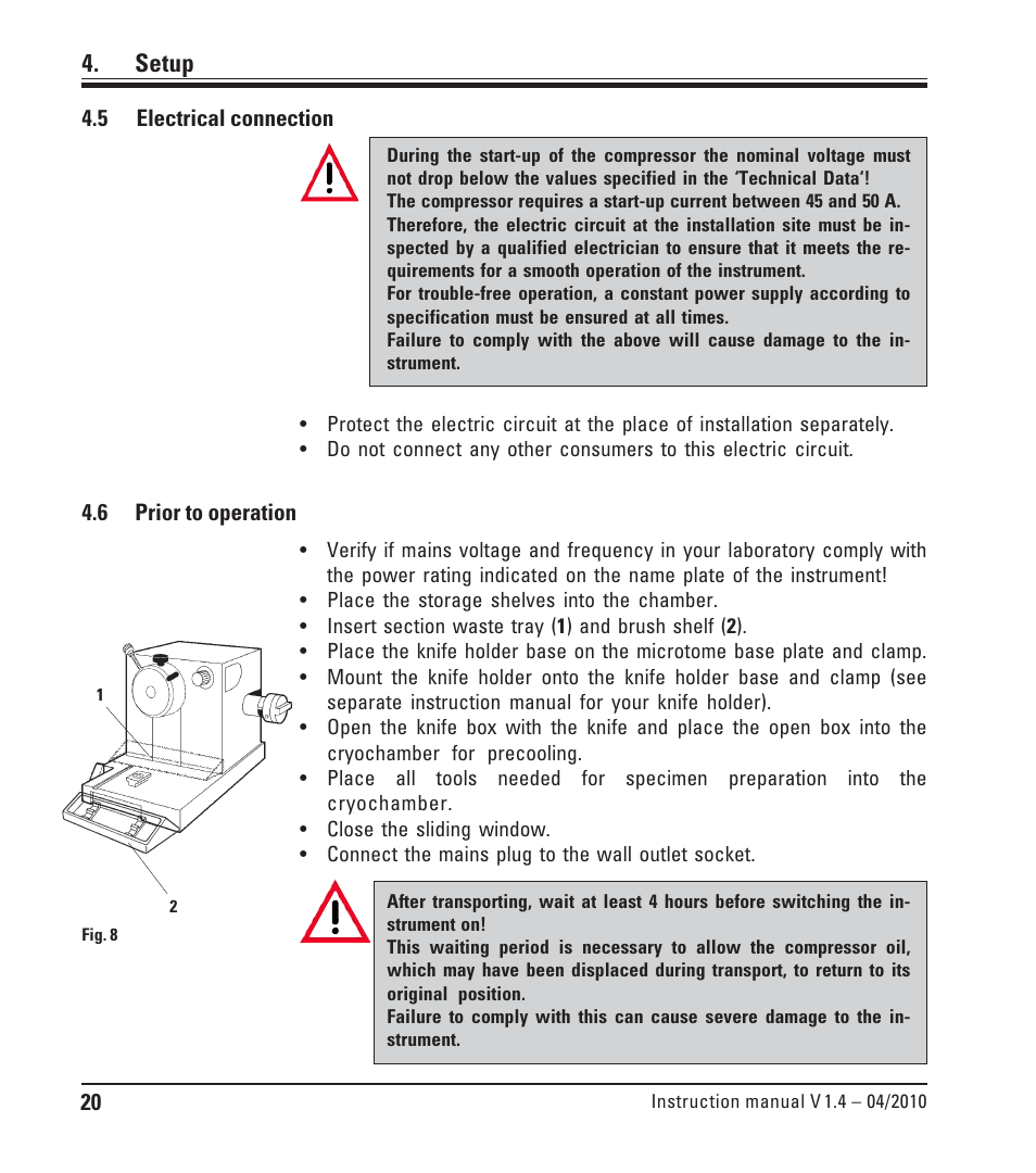5 electrical connection, 6 prior to operation, Electrical connection | Prior to operation, Setup | Leica Biosystems CM1510-S User Manual | Page 20 / 56
