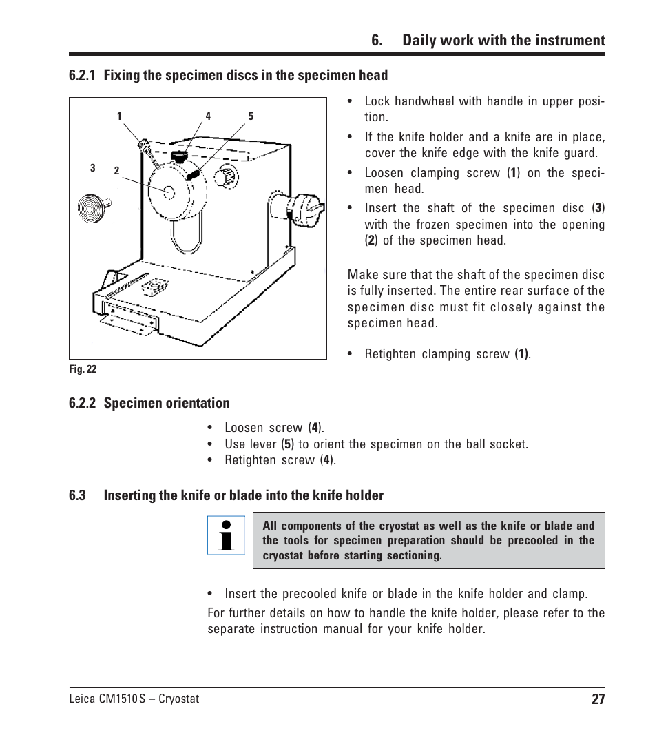 1 fixing the specimen discs in the specimen head, 2 specimen orientation, Fixing the specimen discs in the specimen head | Specimen orientation, Inserting the knife or blade into the knife holder, Daily work with the instrument | Leica Biosystems CM1510-S User Manual | Page 27 / 56