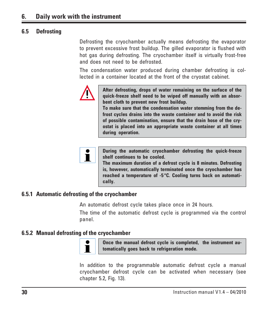 5 defrosting, 1 automatic defrosting of the cryochamber, 2 manual defrosting of the cryochamber | Defrosting, Automatic defrosting of the cryochamber, Manual defrosting of the cryochamber | Leica Biosystems CM1510-S User Manual | Page 30 / 56