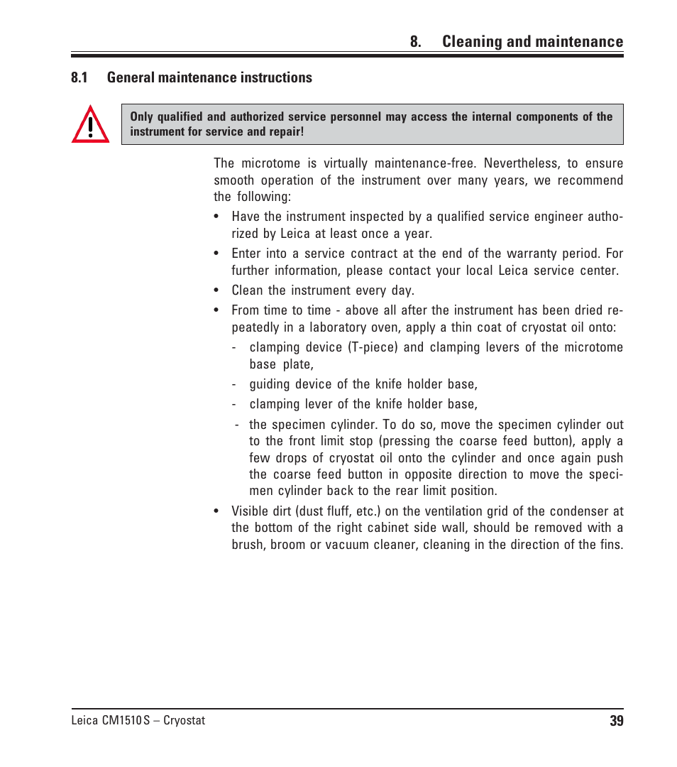 Cleaning and maintenance, 1 general maintenance instructions, General maintenance instructions | Leica Biosystems CM1510-S User Manual | Page 39 / 56