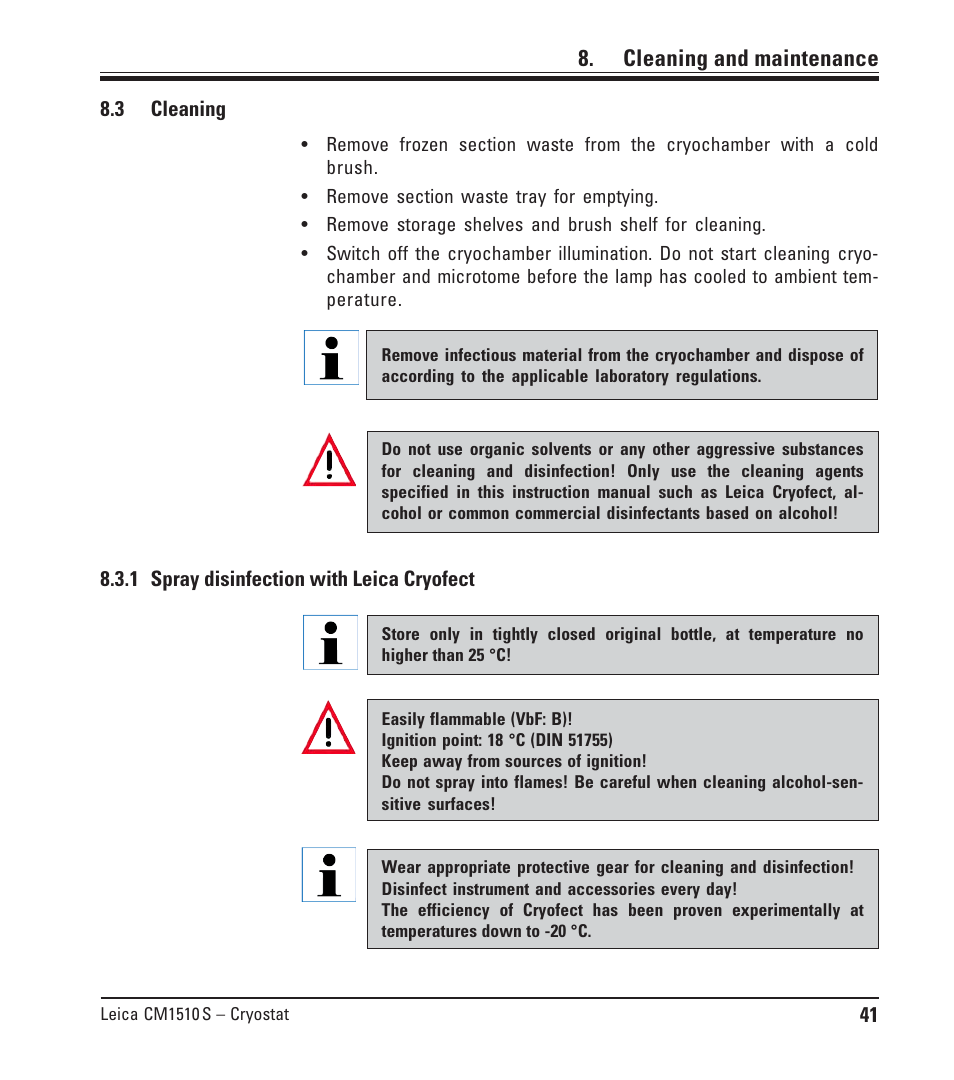 3 cleaning, 1 spray disinfection with leica cryofect, Cleaning | Spray disinfection with leica cryofect, Cleaning and maintenance | Leica Biosystems CM1510-S User Manual | Page 41 / 56
