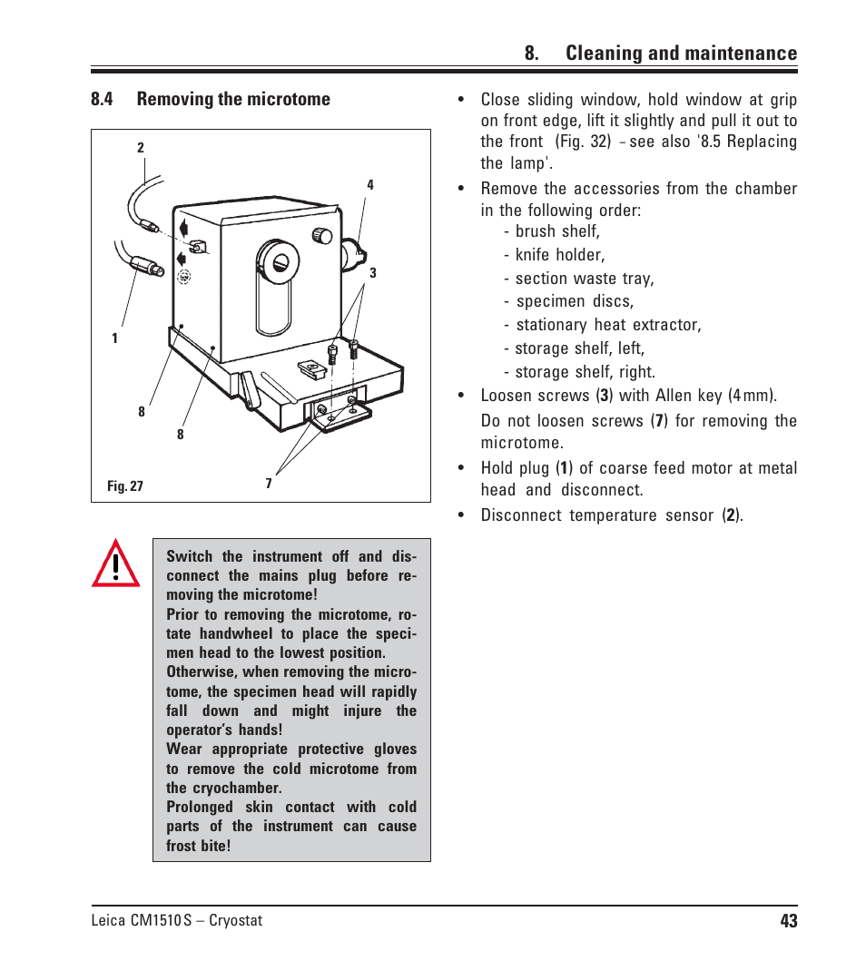 4 removing the microtome, Removing the microtome, Cleaning and maintenance | Leica Biosystems CM1510-S User Manual | Page 43 / 56