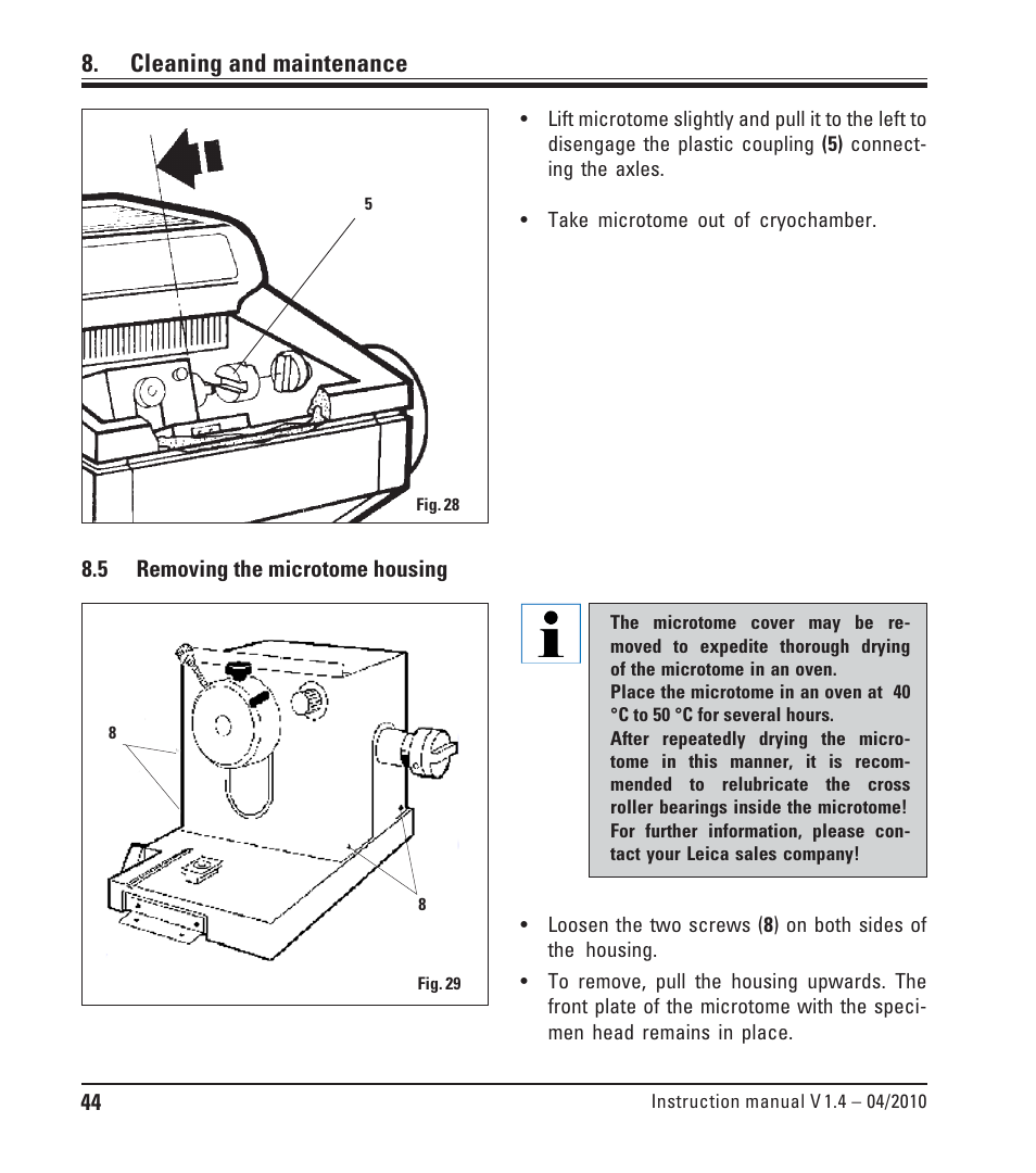 5 removing the microtome housing, Removing the microtome housing, Cleaning and maintenance | Leica Biosystems CM1510-S User Manual | Page 44 / 56