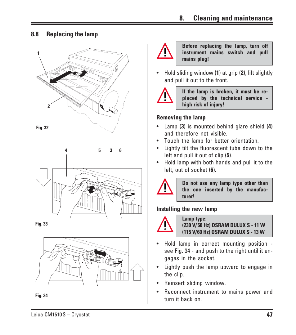 8 replacing the lamp, Replacing the lamp, Cleaning and maintenance | Leica Biosystems CM1510-S User Manual | Page 47 / 56