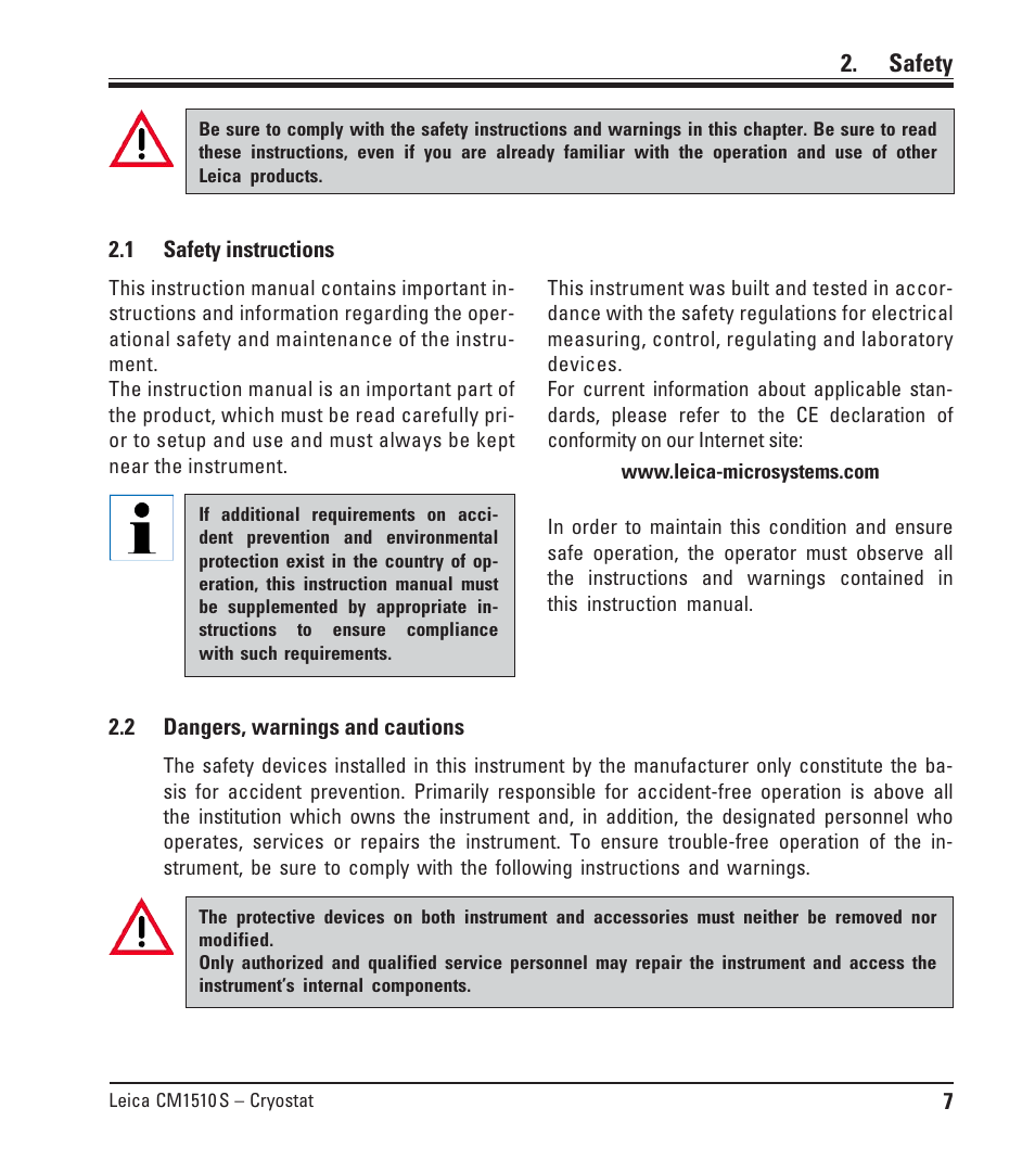 Safety, 1 safety instructions, 2 dangers, warnings and cautions | Safety instructions, Dangers, warnings and cautions | Leica Biosystems CM1510-S User Manual | Page 7 / 56