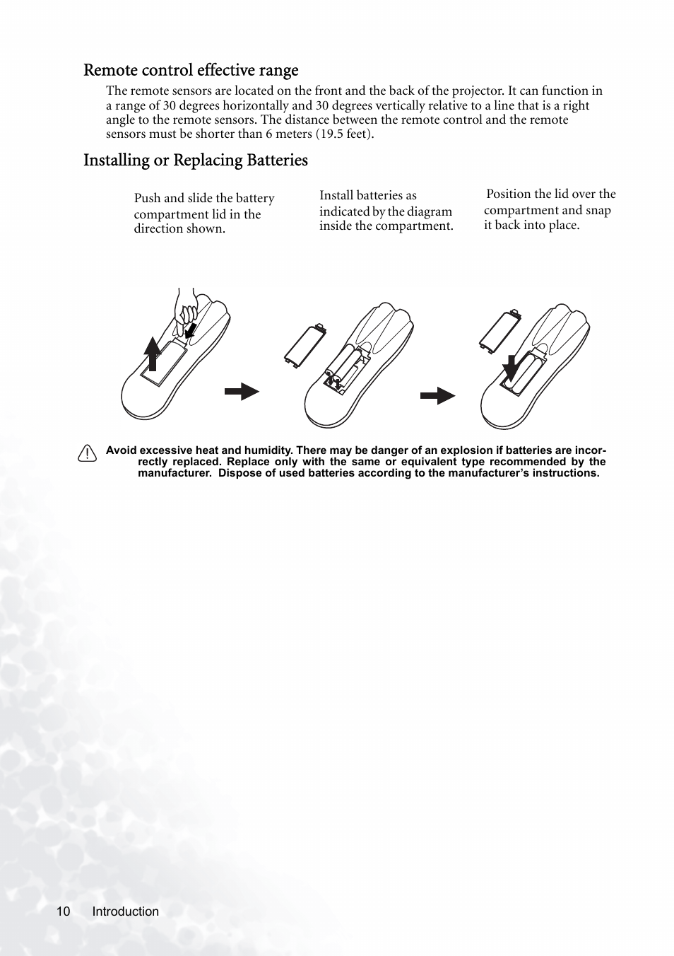 Remote control effective range, Installing or replacing batteries | BenQ PB8120 User Manual | Page 14 / 38