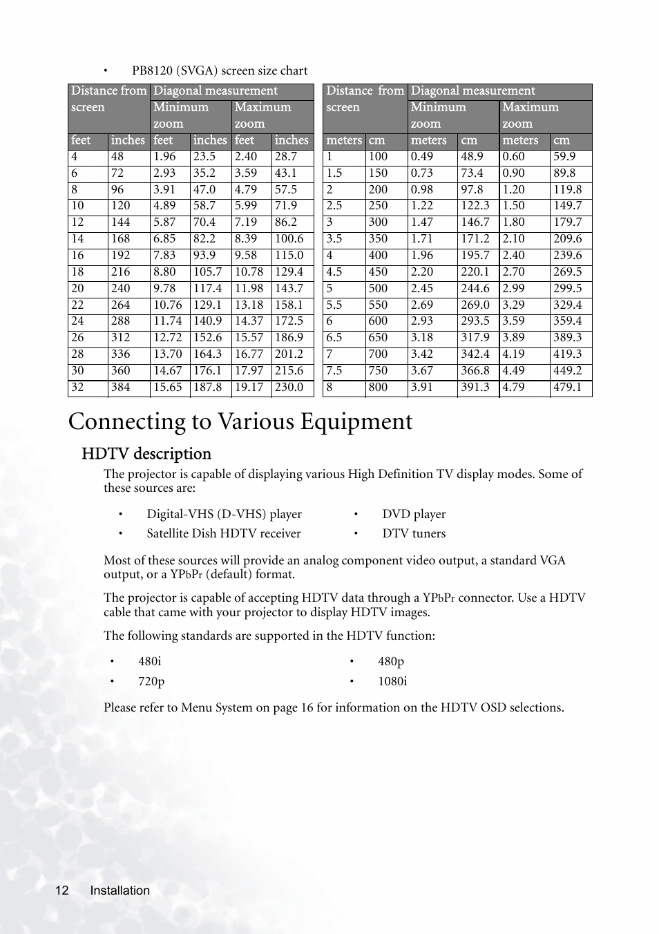 Connecting to various equipment, Hdtv description | BenQ PB8120 User Manual | Page 16 / 38