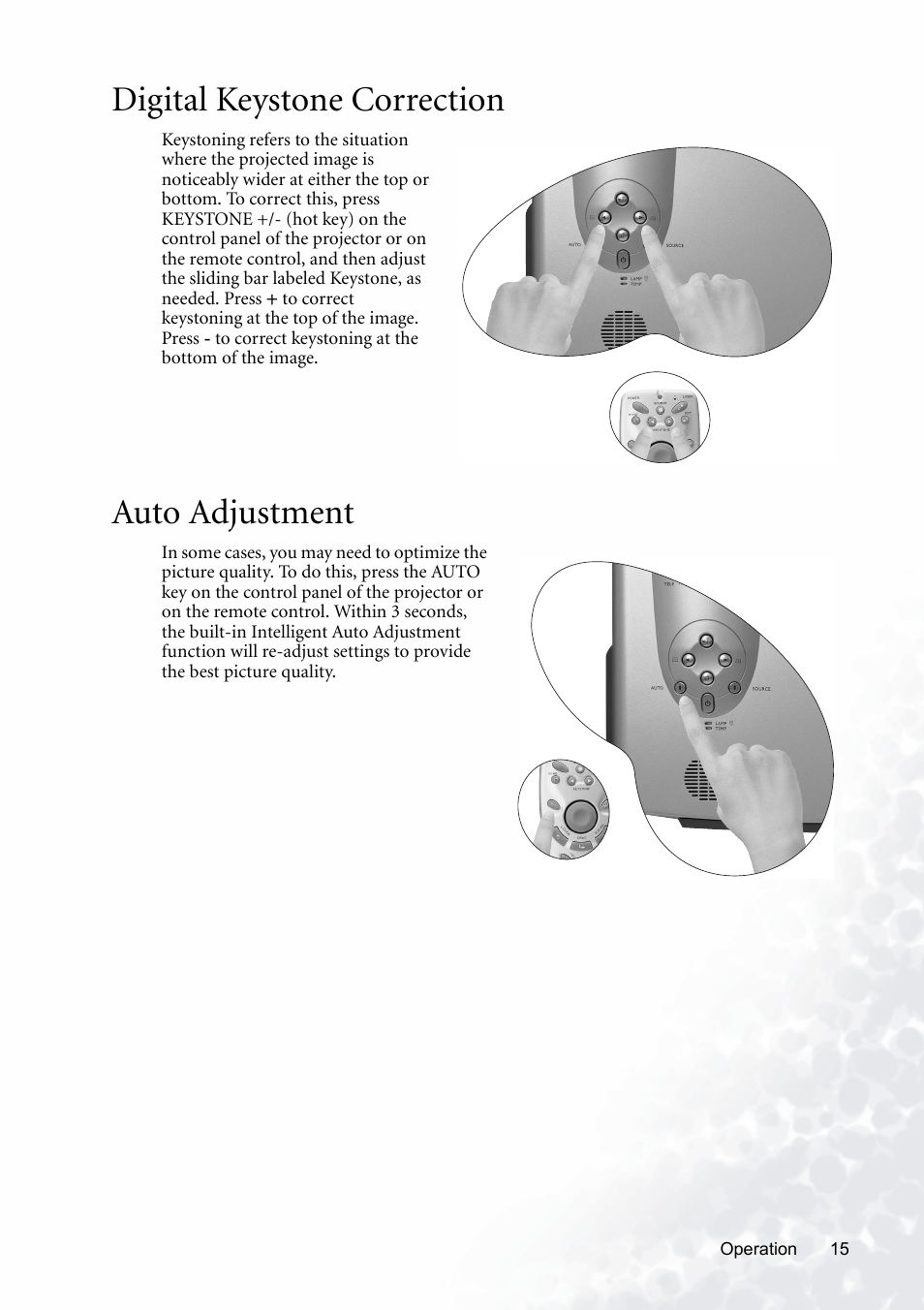 Digital keystone correction, Auto adjustment, Digital keystone correction auto adjustment | BenQ PB8120 User Manual | Page 19 / 38