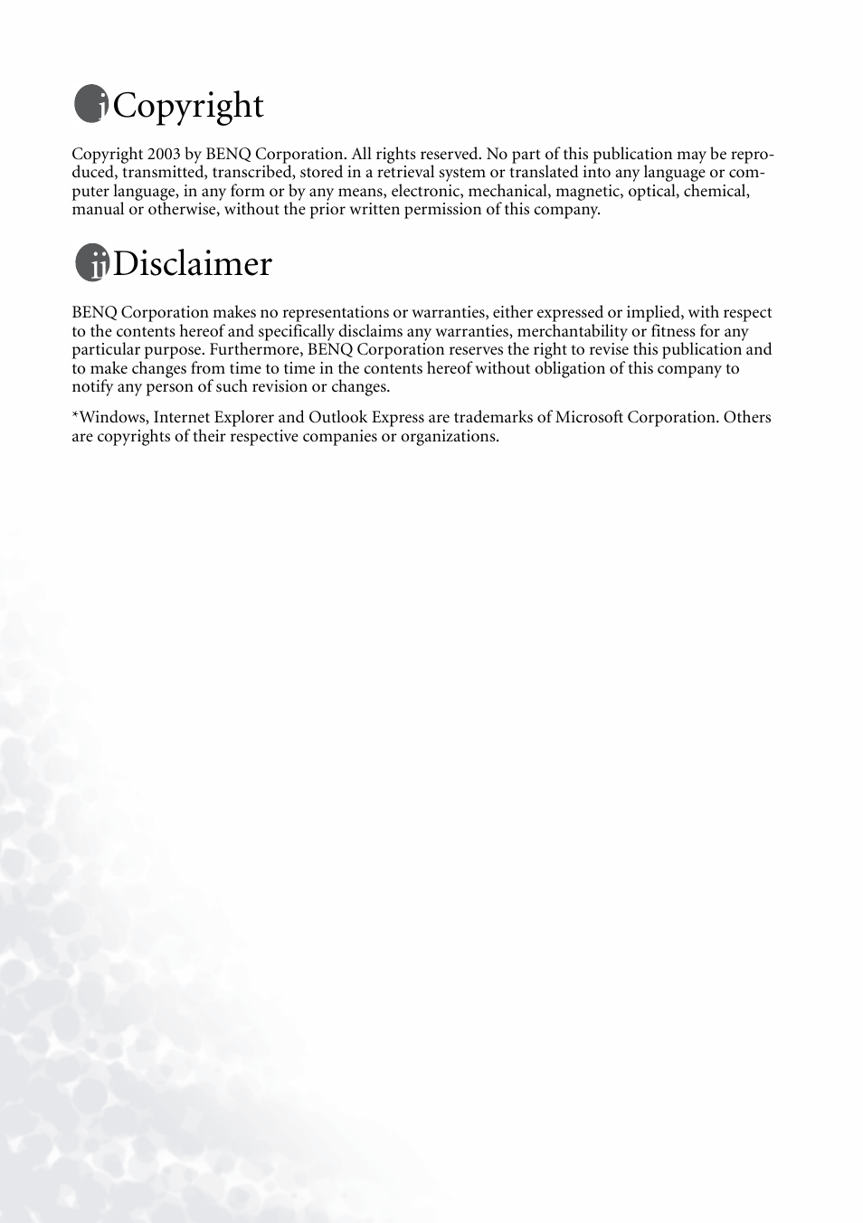 Copyright, Disclaimer | BenQ PB8120 User Manual | Page 2 / 38
