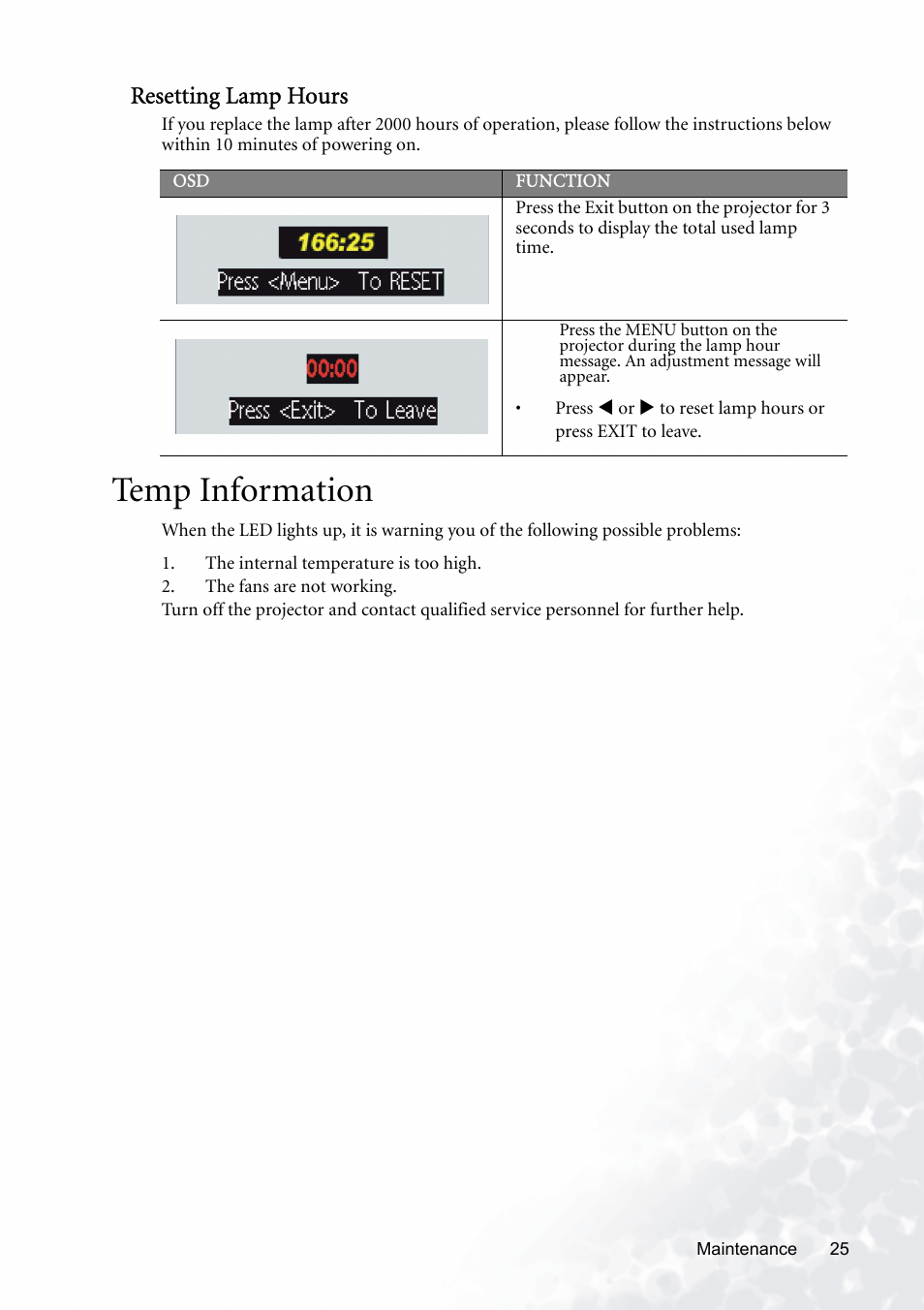 Resetting lamp hours, Temp information | BenQ PB8120 User Manual | Page 29 / 38
