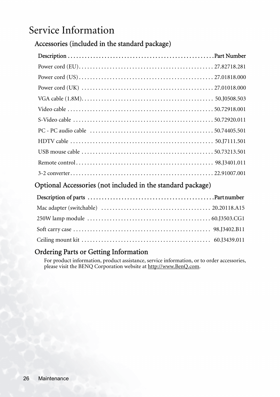Service information, Accessories (included in the standard package), Ordering parts or getting information | BenQ PB8120 User Manual | Page 30 / 38