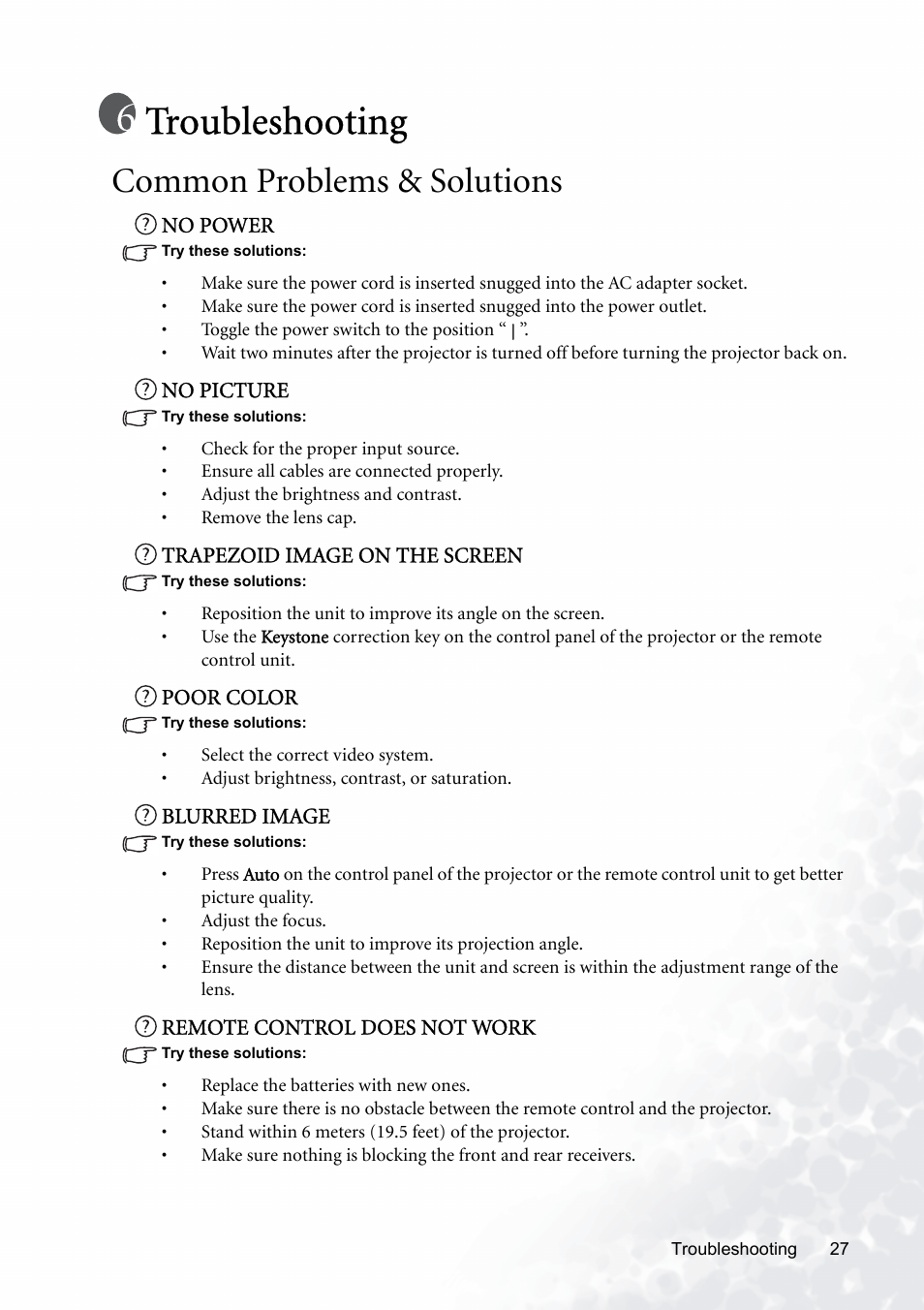 Troubleshooting, Common problems & solutions | BenQ PB8120 User Manual | Page 31 / 38