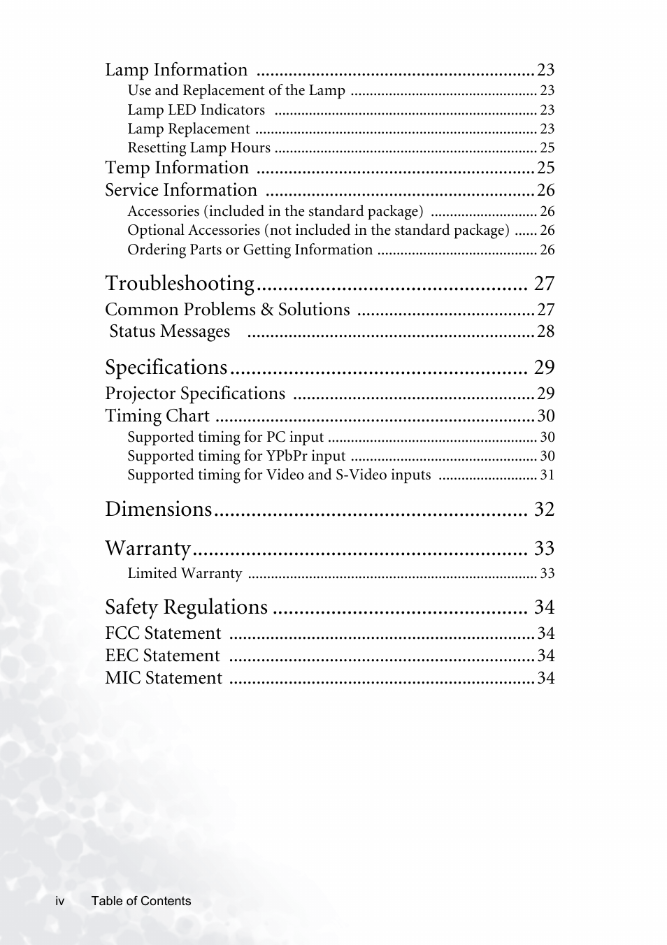 Troubleshooting, Specifications, Dimensions warranty | Safety regulations | BenQ PB8120 User Manual | Page 4 / 38