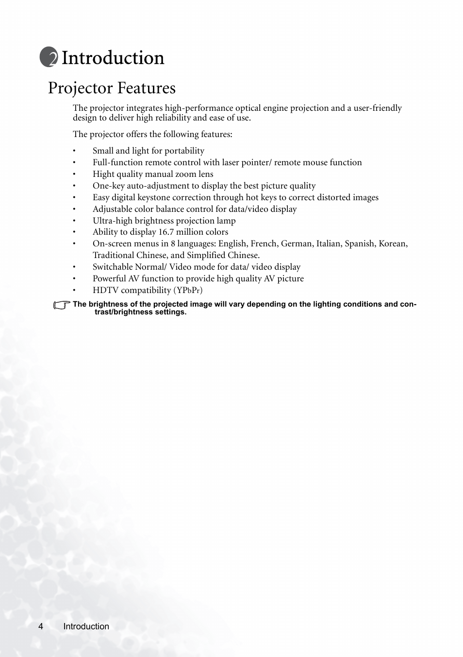 Introduction, Projector features | BenQ PB8120 User Manual | Page 8 / 38