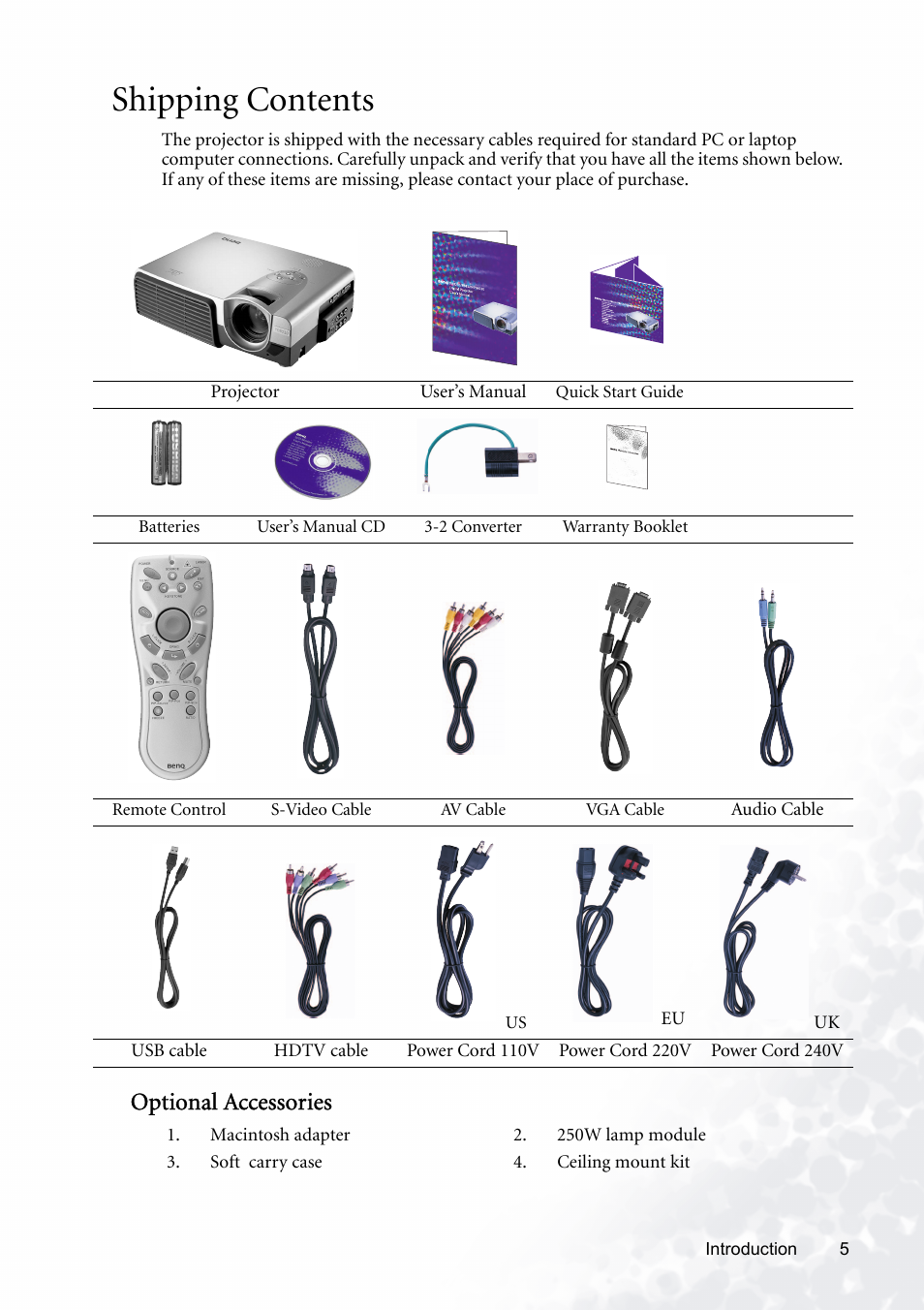 Shipping contents, Optional accessories | BenQ PB8120 User Manual | Page 9 / 38