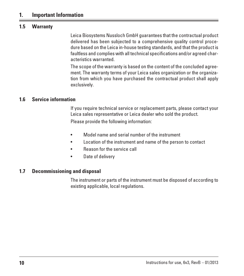 5 warranty, 6 service information, 7 decommissioning and disposal | Leica Biosystems CM3600 XP User Manual | Page 10 / 114