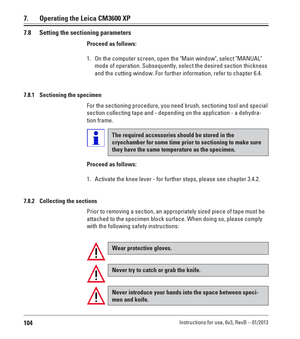 8 setting the sectioning parameters, 1 sectioning the specimen, 2 collecting the sections | Sectioning the specimen, Collecting the sections | Leica Biosystems CM3600 XP User Manual | Page 104 / 114