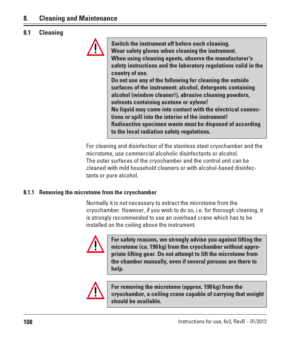 Cleaning and maintenance, 1 cleaning, 1 removing the microtome from the cryochamber | Removing the microtome from the cryochamber | Leica Biosystems CM3600 XP User Manual | Page 108 / 114