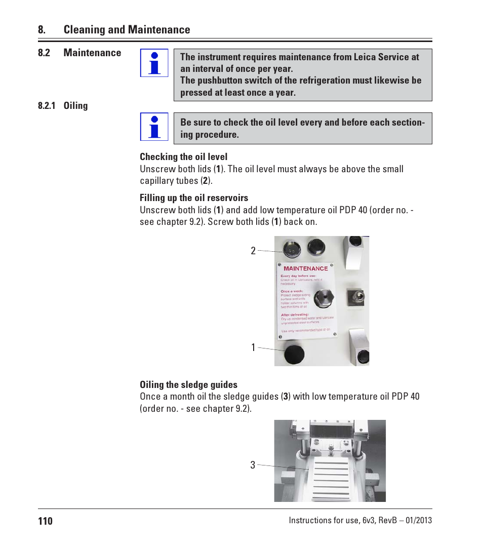 2 maintenance, 1 oiling, Oiling 110 | Leica Biosystems CM3600 XP User Manual | Page 110 / 114