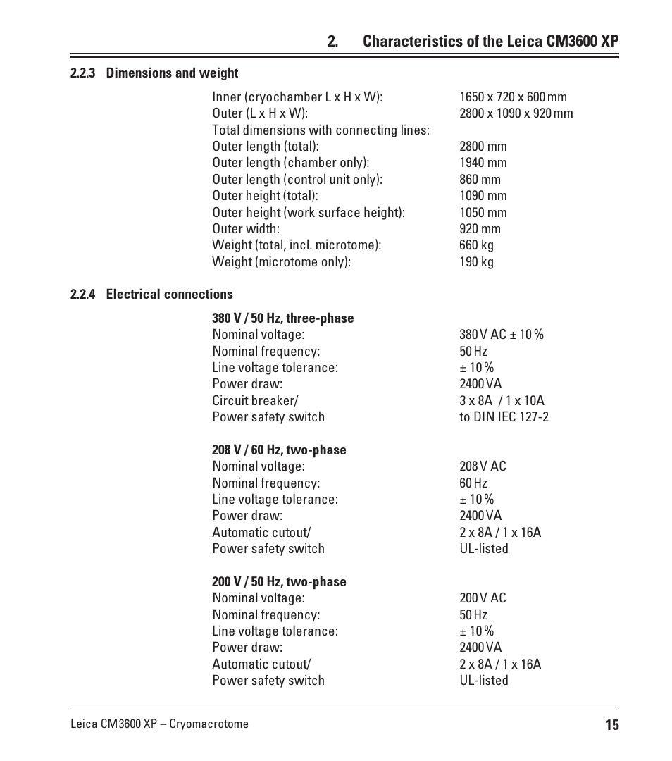 3 dimensions and weight, 4 electrical connections, Dimensions and weight | Electrical connections, Characteristics of the leica cm3600 xp | Leica Biosystems CM3600 XP User Manual | Page 15 / 114