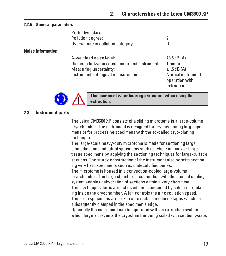 6 general parameters, 3 instrument parts, General parameters | Characteristics of the leica cm3600 xp | Leica Biosystems CM3600 XP User Manual | Page 17 / 114