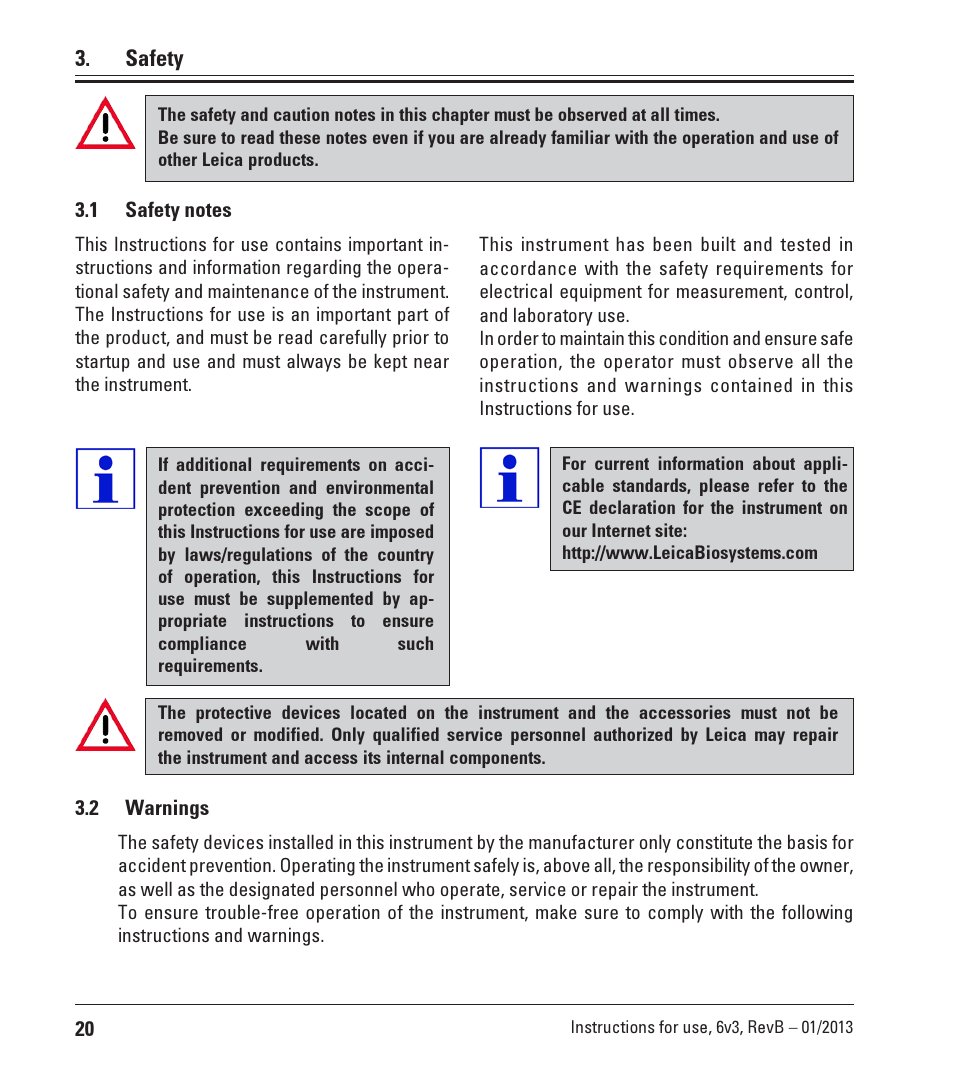 Safety, 1 safety notes, 2 warnings | 1 safety notes 3.2 warnings | Leica Biosystems CM3600 XP User Manual | Page 20 / 114