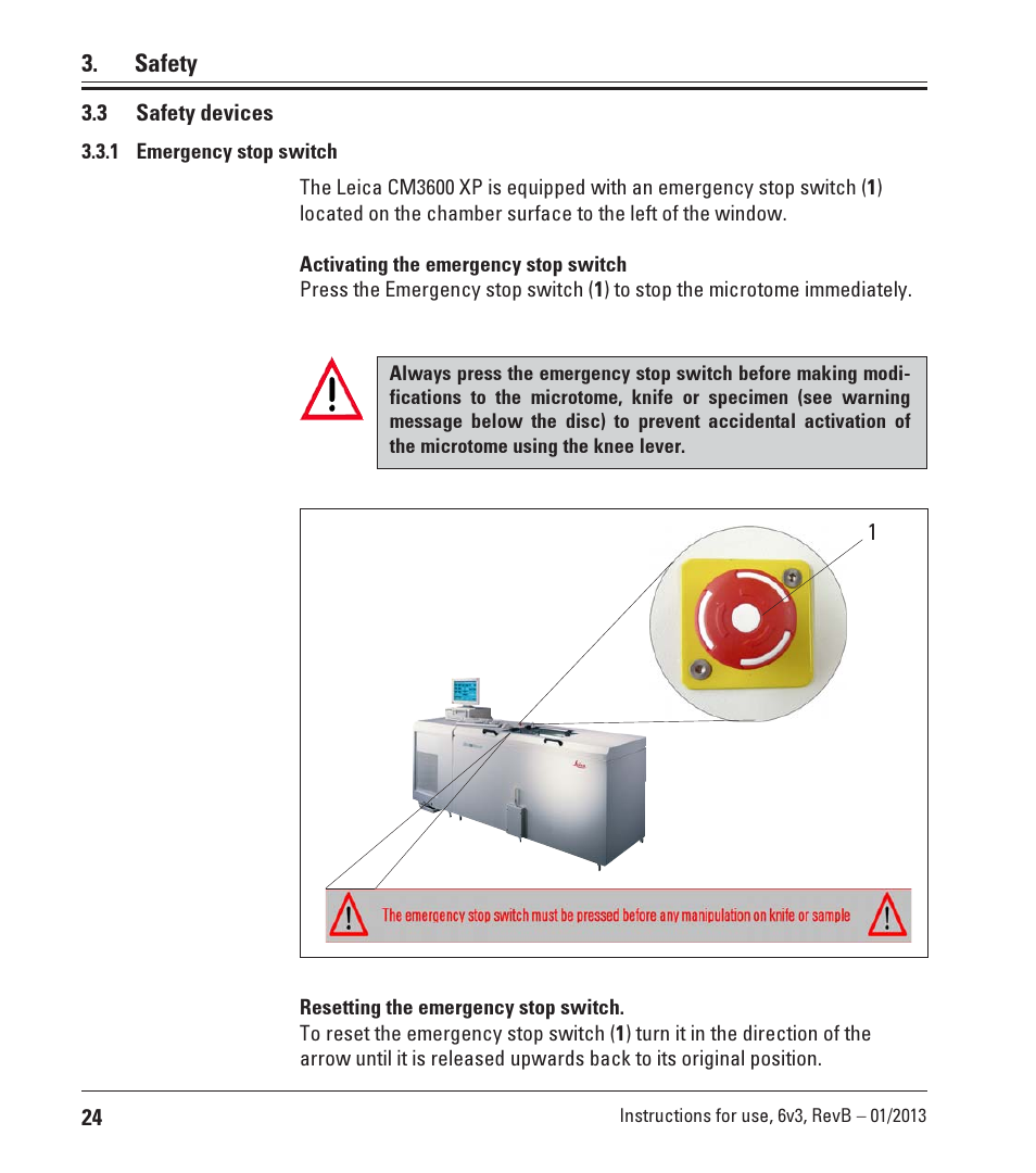 3 safety devices, 1 emergency stop switch, Emergency stop switch | Leica Biosystems CM3600 XP User Manual | Page 24 / 114