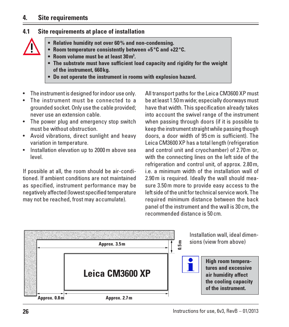 Site requirements, 1 site requirements at place of installation, Leica cm3600 xp | Leica Biosystems CM3600 XP User Manual | Page 26 / 114