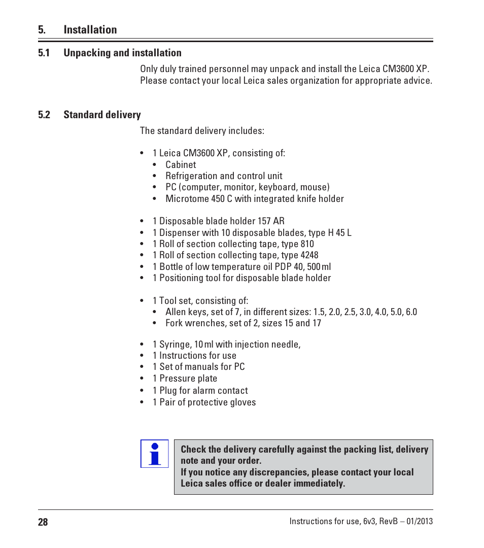 Installation, 1 unpacking and installation, 2 standard delivery | 1 unpacking and installation 5.2 standard delivery | Leica Biosystems CM3600 XP User Manual | Page 28 / 114