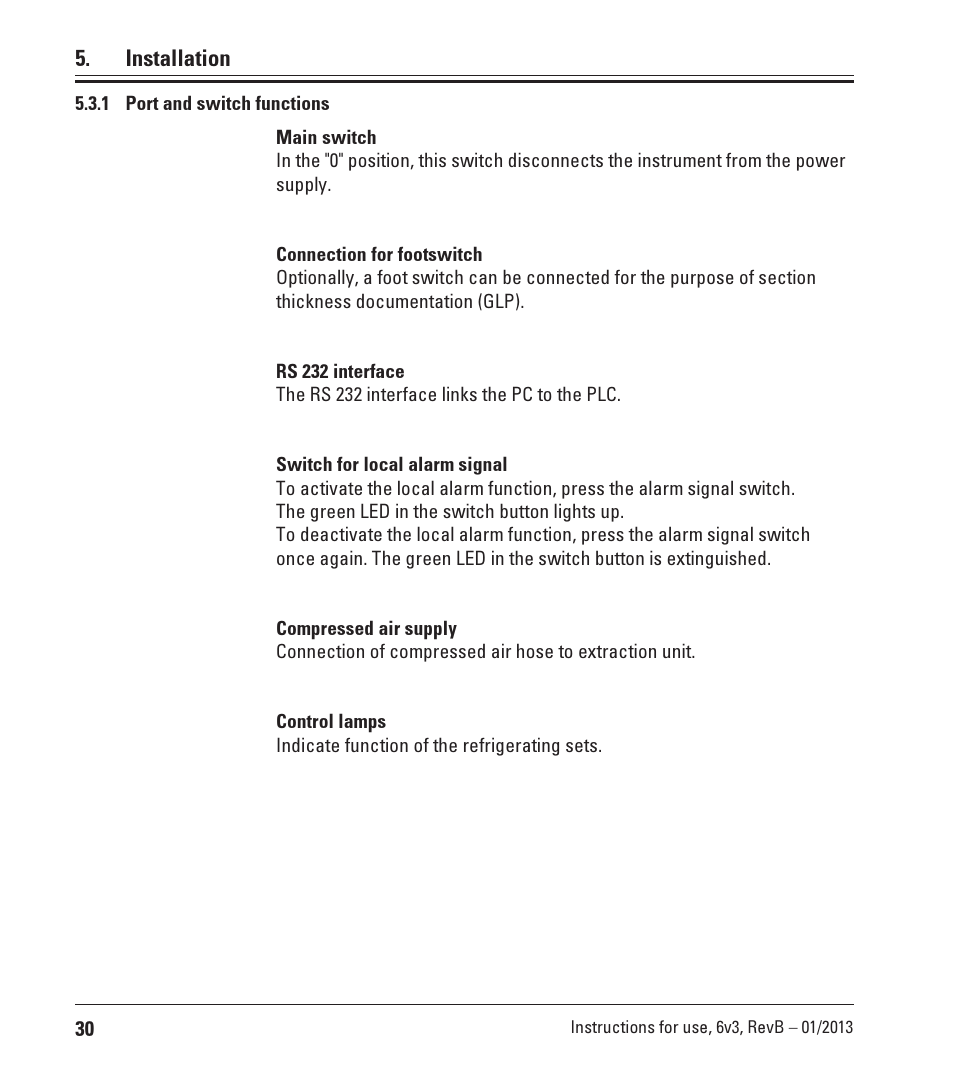 1 port and switch functions, Port and switch functions | Leica Biosystems CM3600 XP User Manual | Page 30 / 114