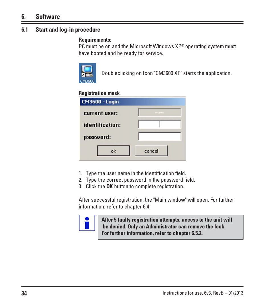1 start and log-in procedure, Software | Leica Biosystems CM3600 XP User Manual | Page 34 / 114